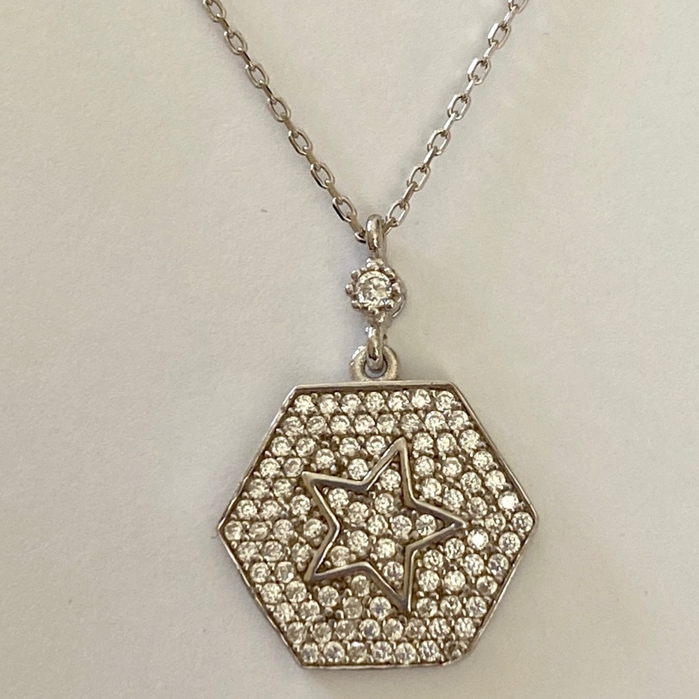 925 Silver hexagon star compass cz stones necklace